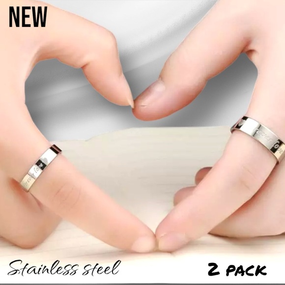 New Silver 2 Ring Set *Forever Love* Print Stainless Steel Band Rings - Picture 3 of 6